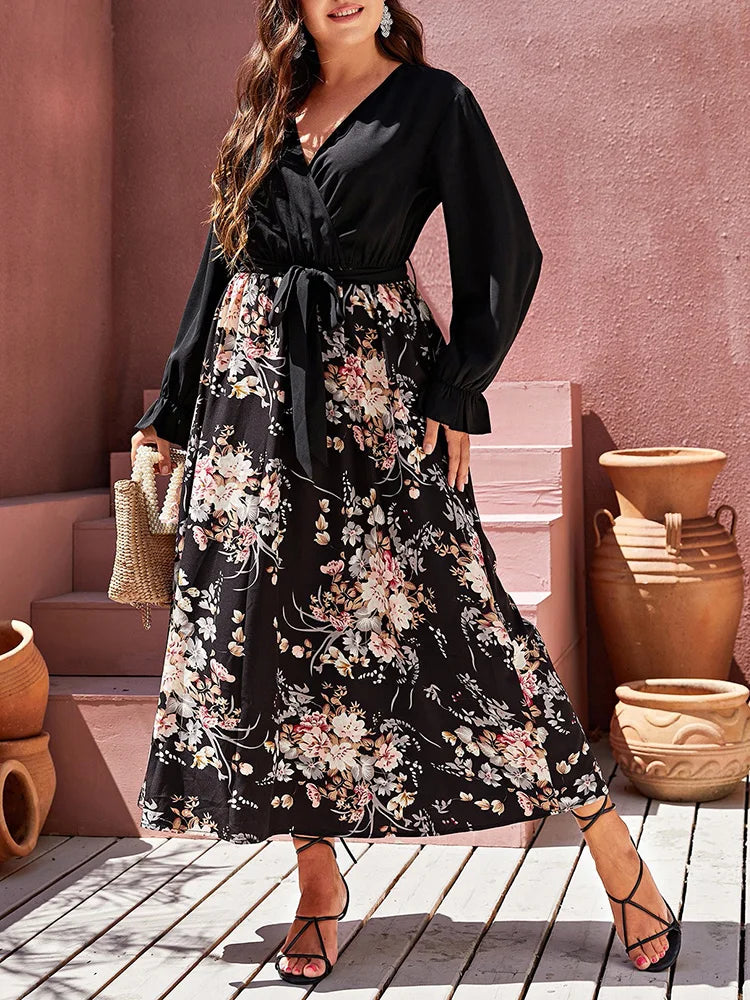 Floral-Panel Wrap Maxi Dress
