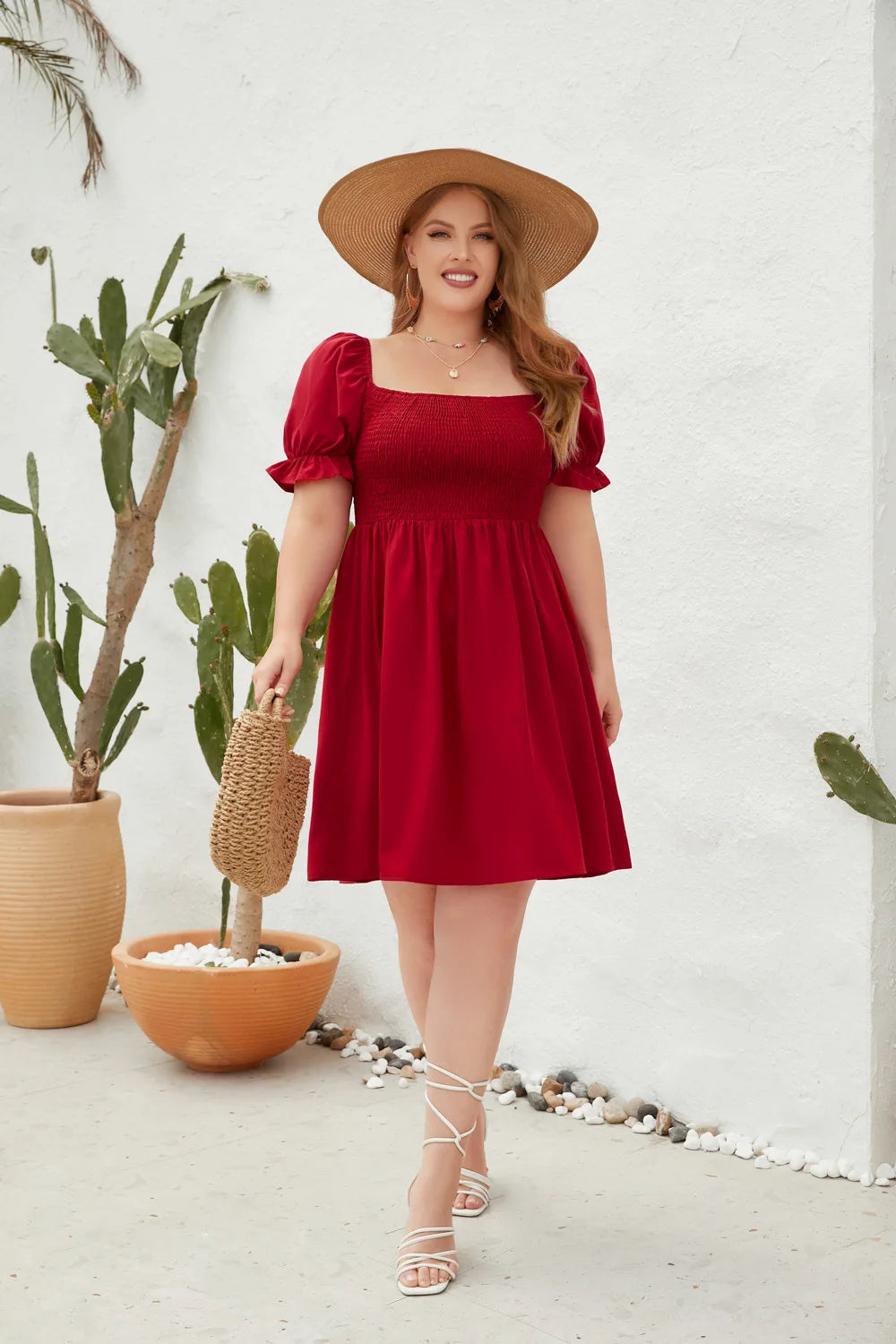 Smocked-Bodice Puff-Sleeve Mini Dress