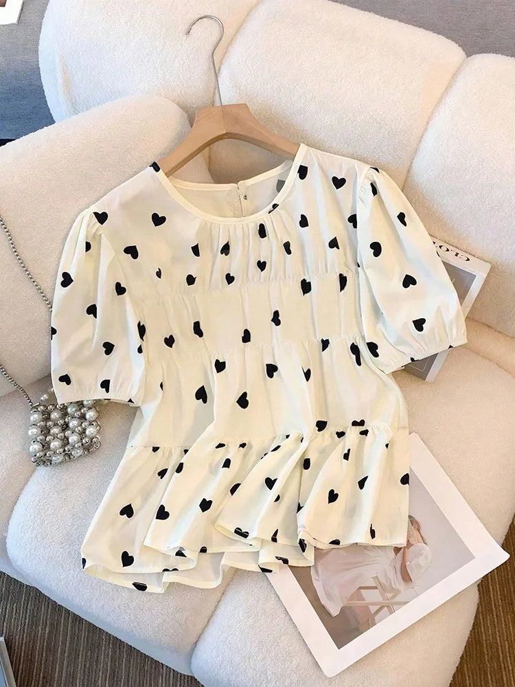 Heart-Print Puff-Sleeve Babydoll Blouse
