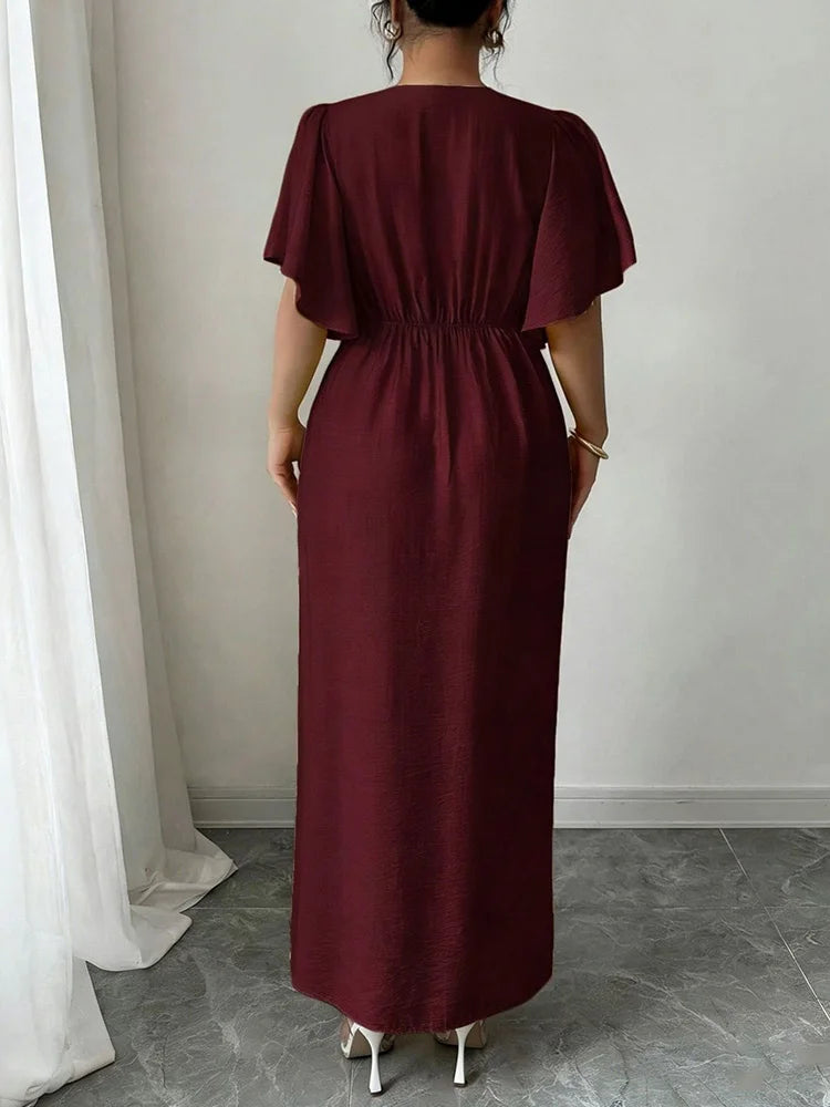 Button-Front Butterfly-Sleeve Maxi Dress
