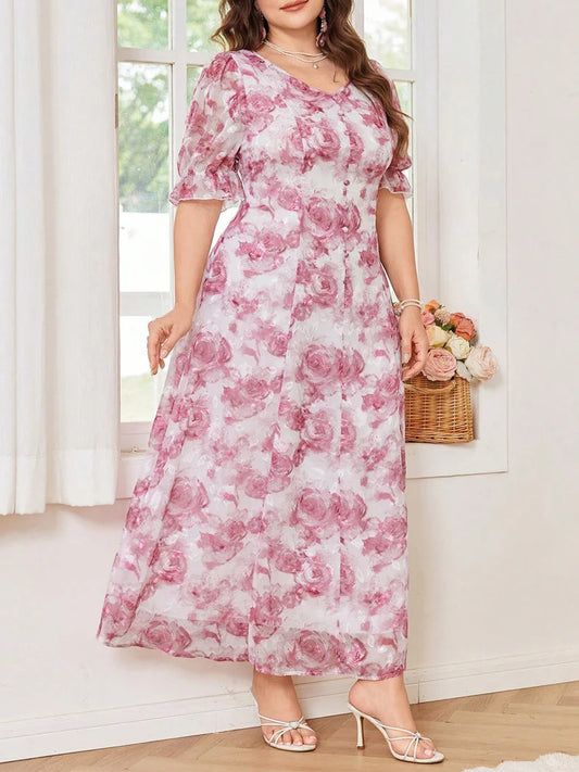 Rose-Print Puff-Sleeve Maxi Dress