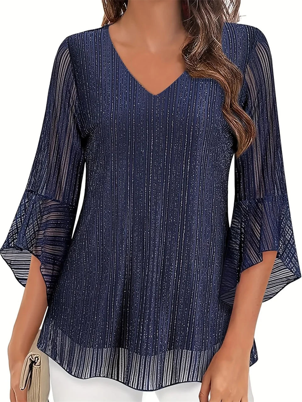 Shimmer-Stripe Flared-Sleeve Blouse