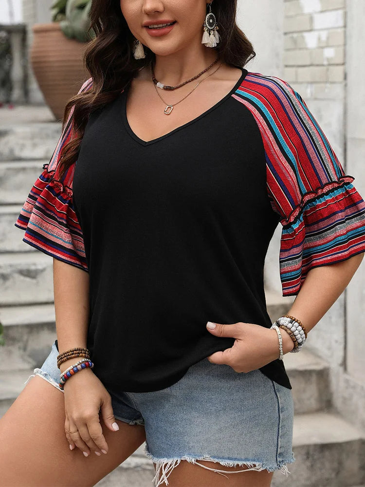 Contrast-Stripe Ruffle-Sleeve Top