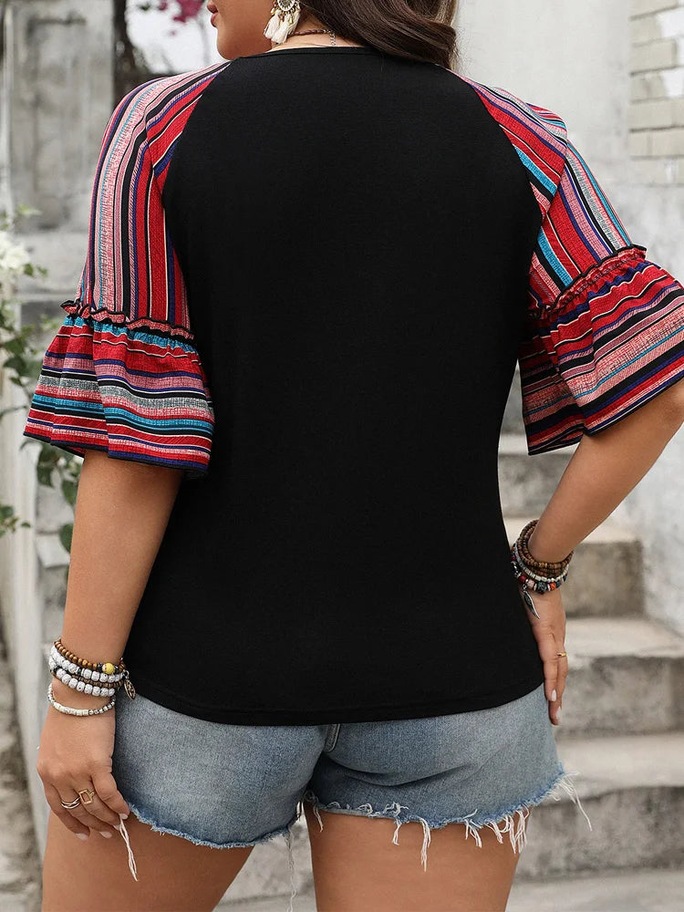 Contrast-Stripe Ruffle-Sleeve Top