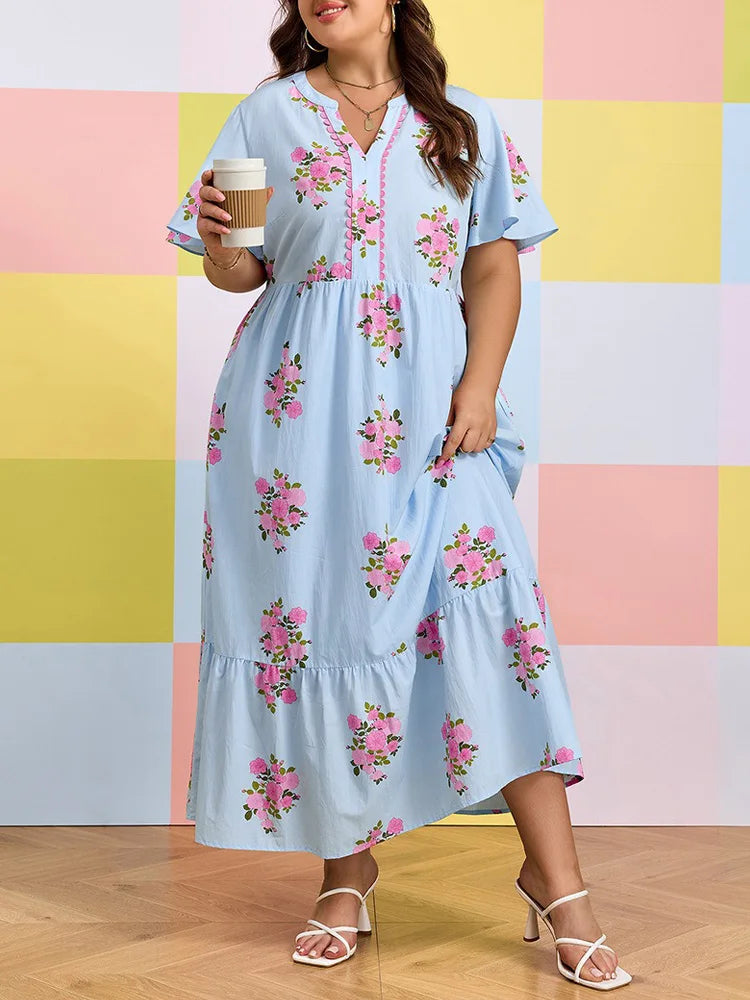 Ditsy-Floral Flutter-Sleeve Maxi Dress