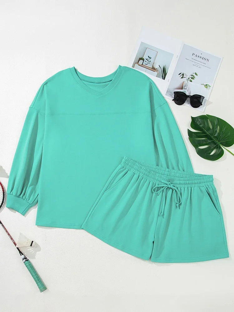 V-Neck Sweatshirt & Shorts Set