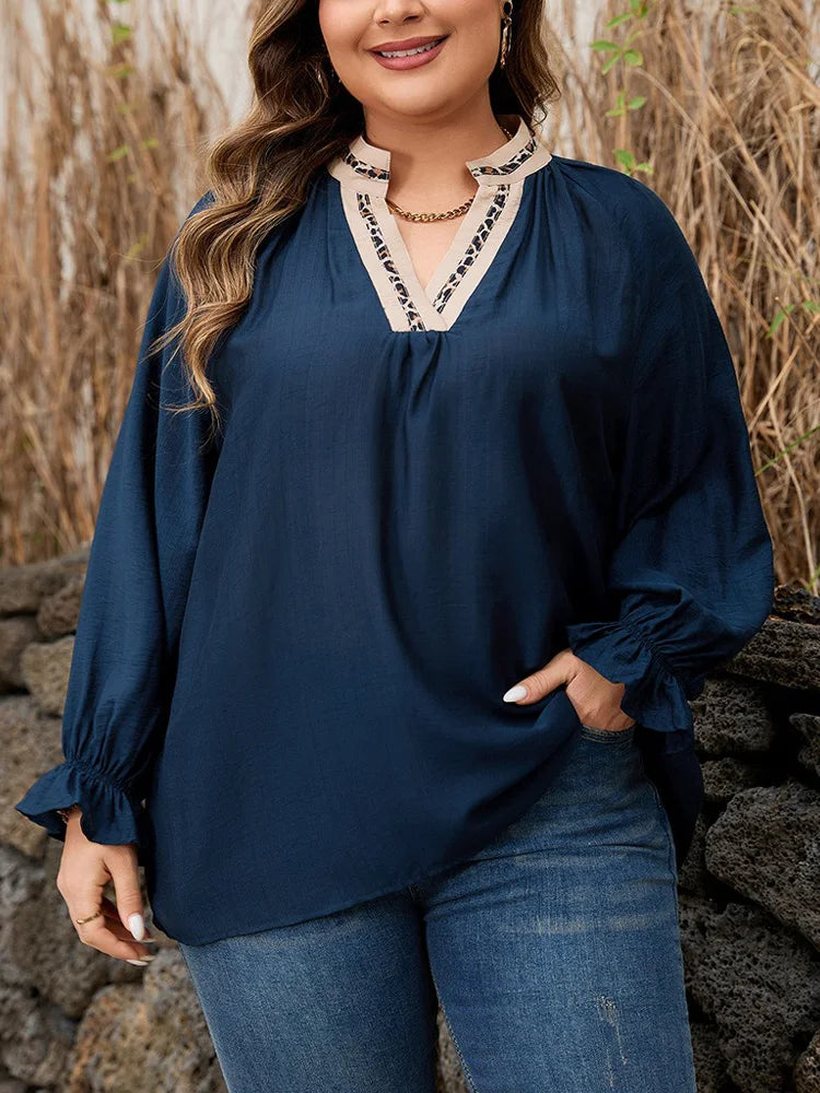 Contrast-Trim Split-Neck Blouse