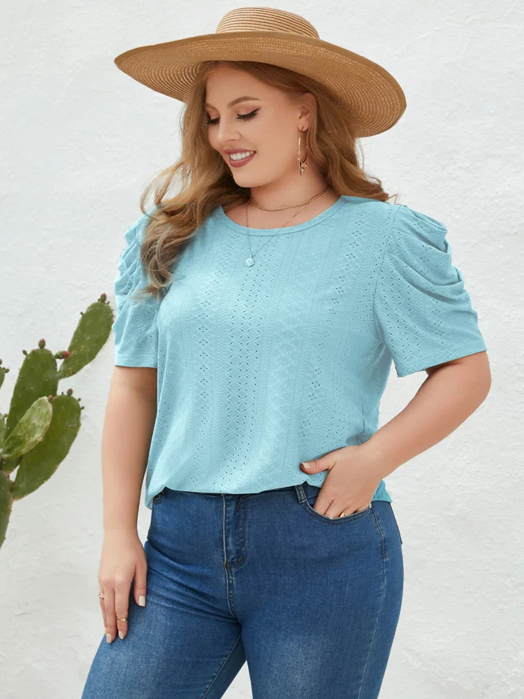Ruched Puff-Sleeve Eyelet Top