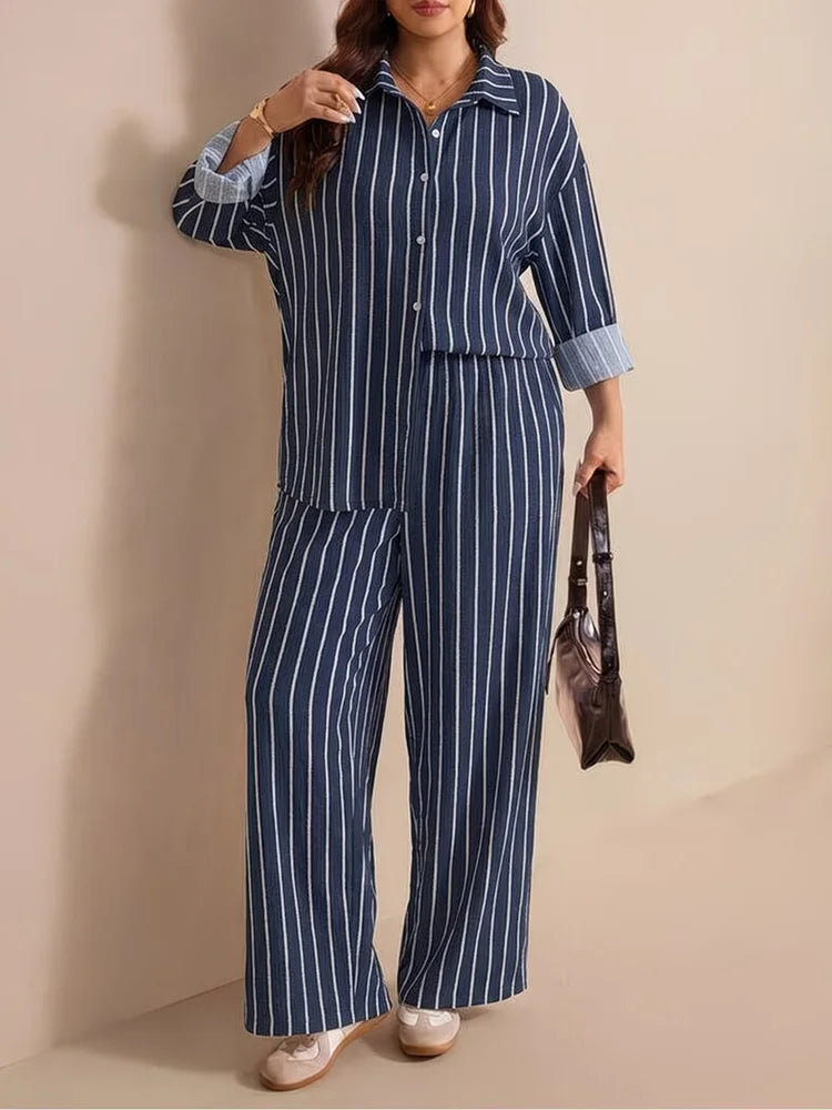 Striped Button Shirt & Wide-Leg Pants Set