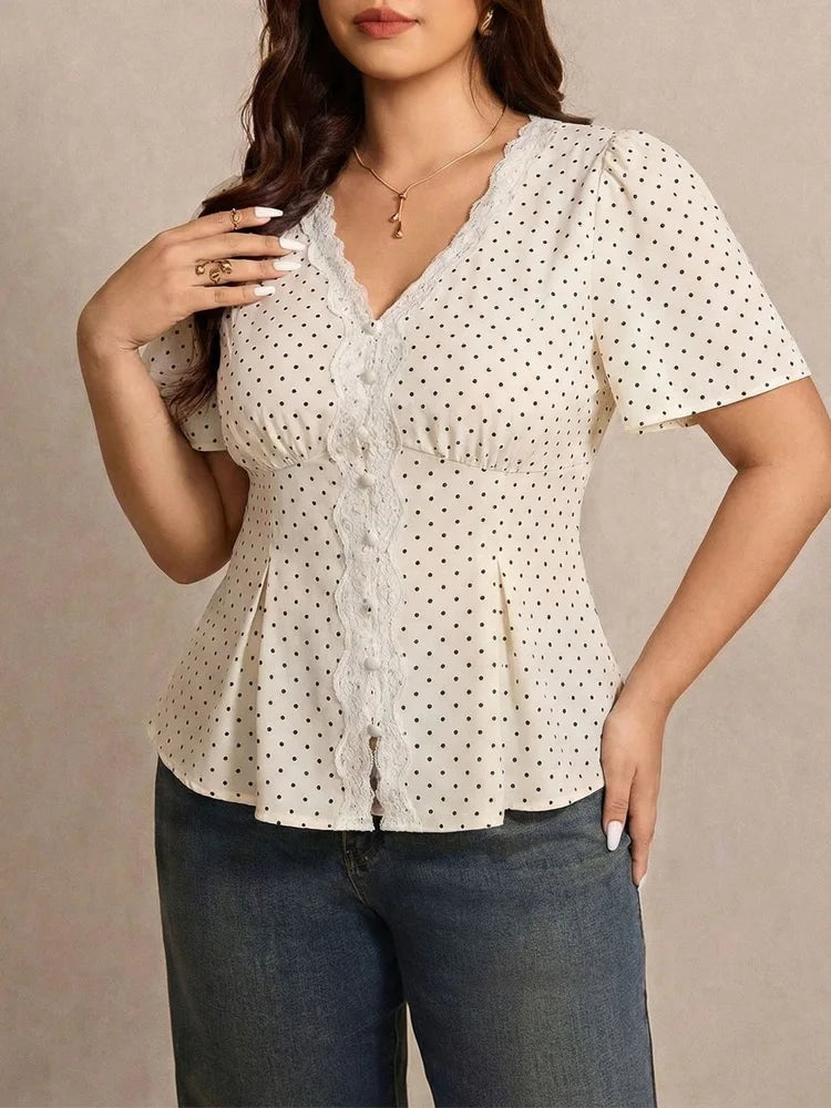 Polka-Dot Lace-Trim Peplum Blouse