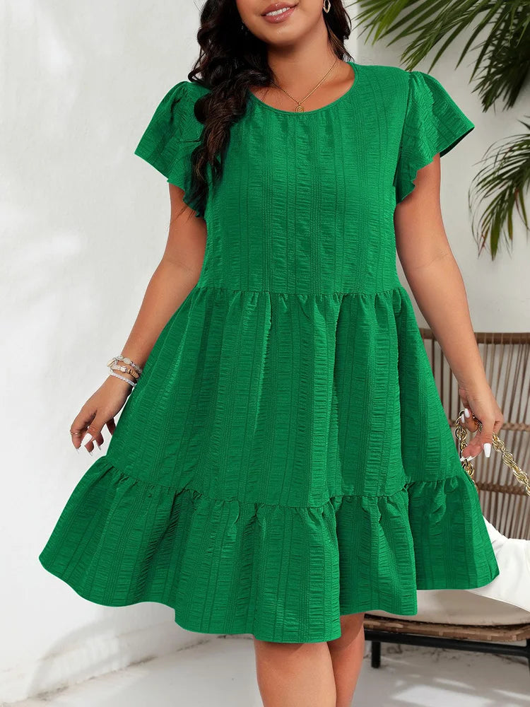Textured Flutter-Sleeve Tiered Dress