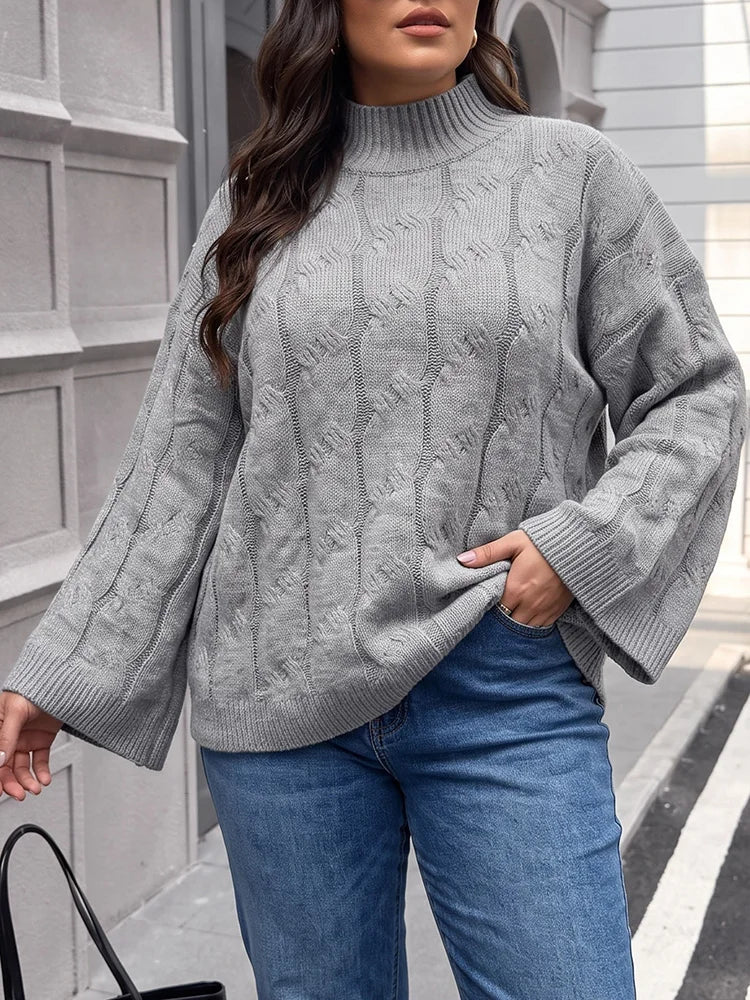 Cable-Knit Mock-Neck Bell-Sleeve Sweater