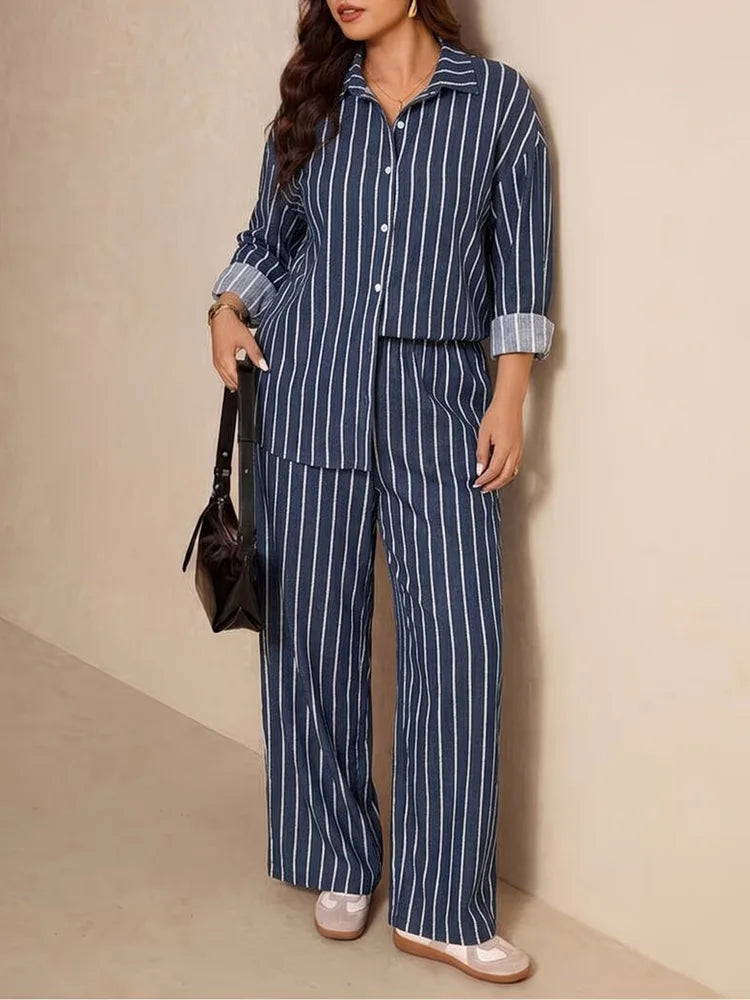 Striped Button Shirt & Wide-Leg Pants Set