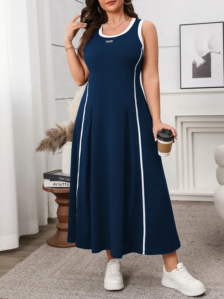 Contrast-Trim Sleeveless Maxi Dress