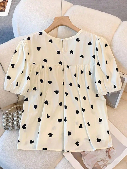 Heart-Print Puff-Sleeve Babydoll Blouse