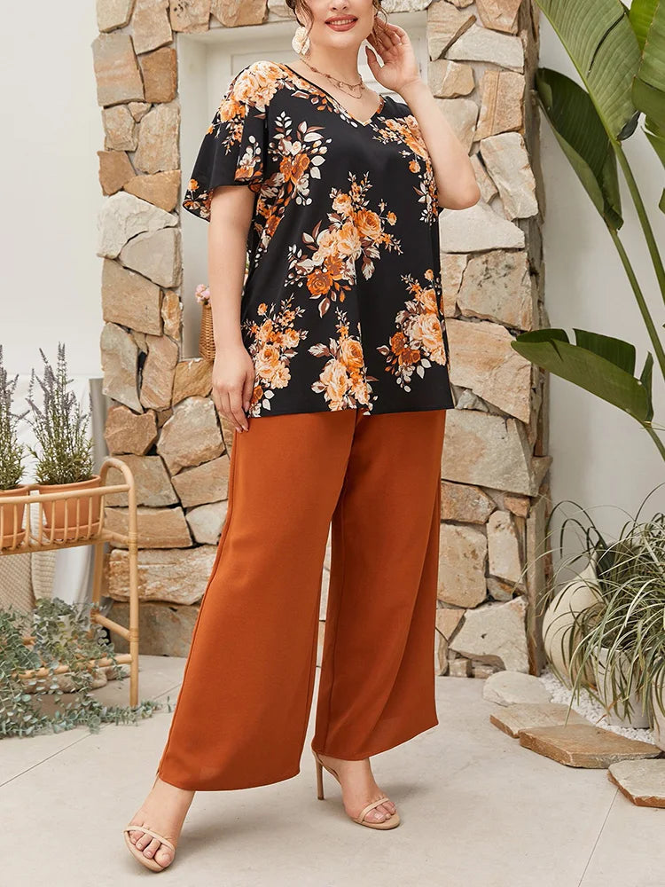 Floral V-Neck Top & Wide-Leg Pants Set