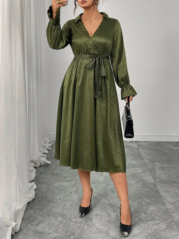 Textured Wrap Belted Midi Dress
