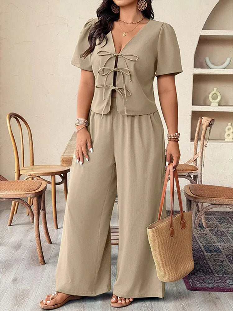 Tie-Front Top & Wide-Leg Pants Set