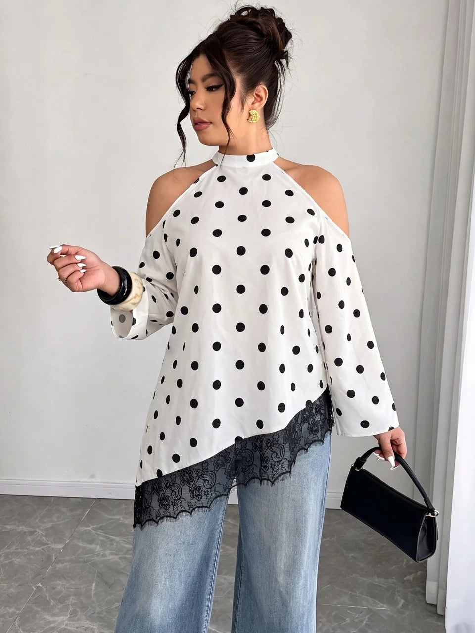 Polka-Dot Cold-Shoulder Lace Blouse