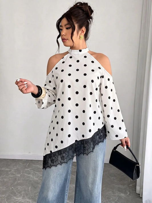 Polka-Dot Cold-Shoulder Lace Blouse