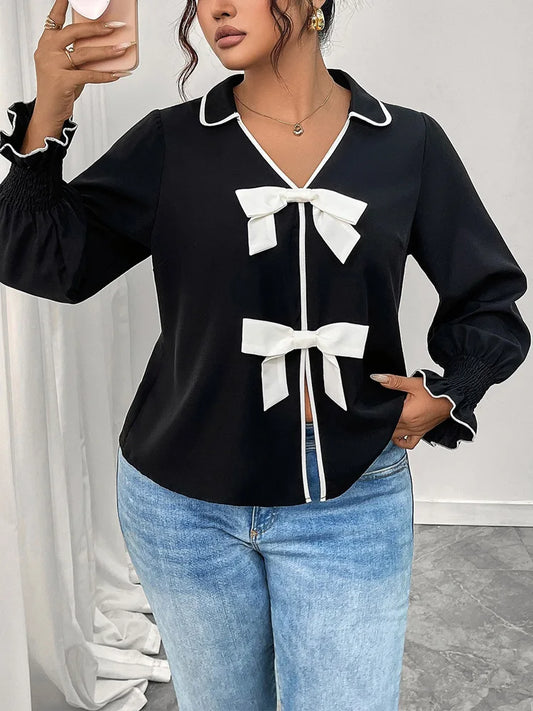 Contrast-Bow Ruffle-Cuff Blouse