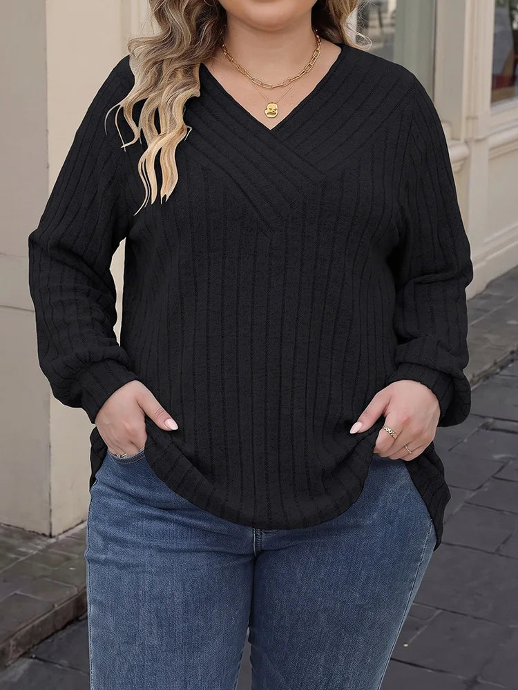 Relaxed Ribbed V-Neck Top