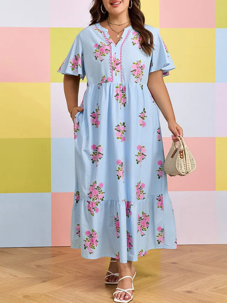Ditsy-Floral Flutter-Sleeve Maxi Dress