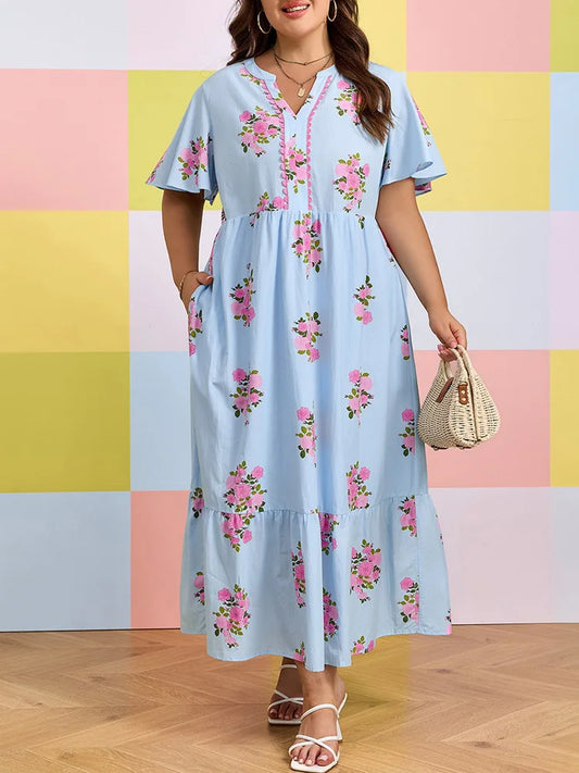Ditsy-Floral Flutter-Sleeve Maxi Dress