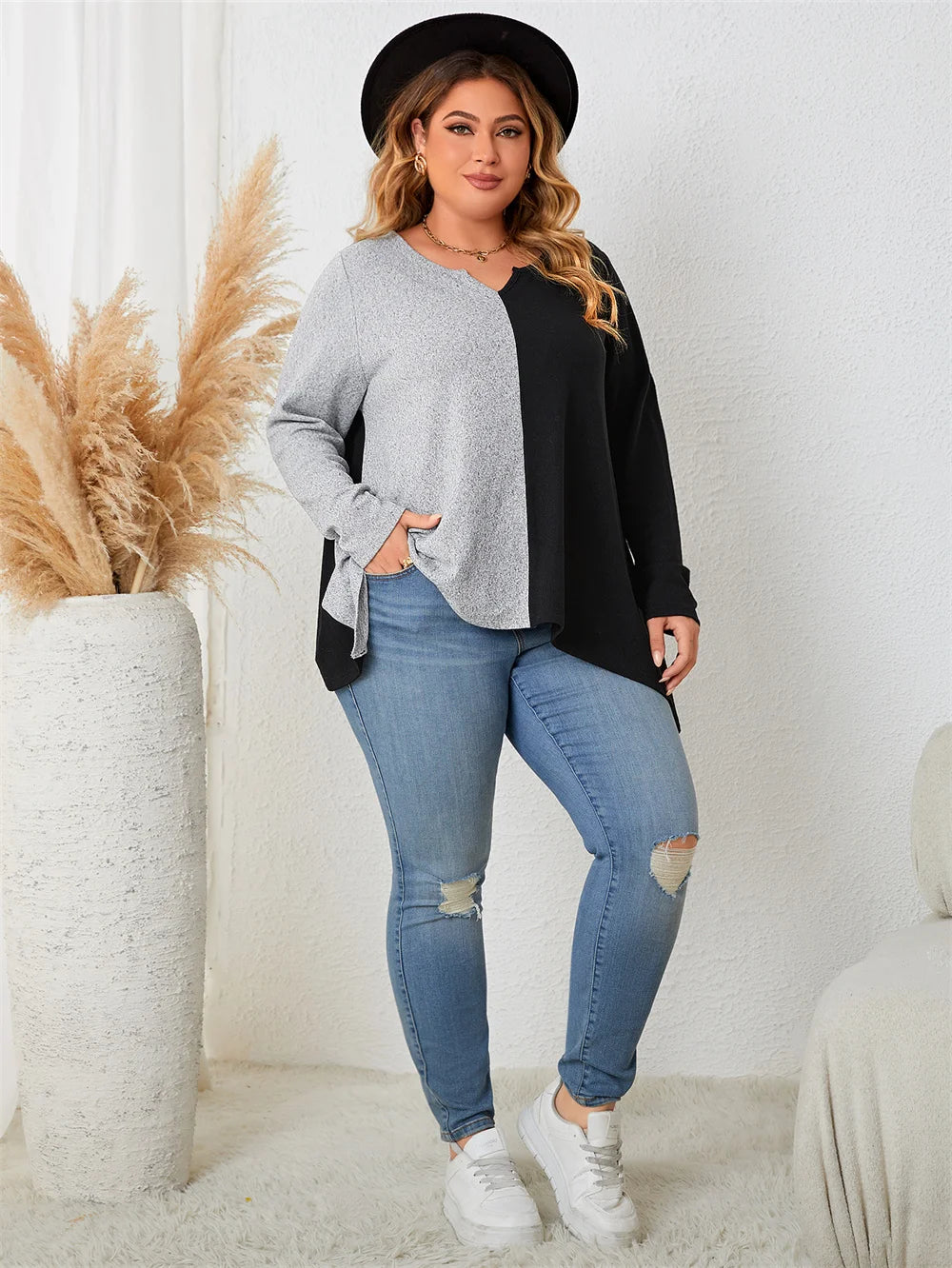 Colorblock Asymmetric-Hem Long-Sleeve Top