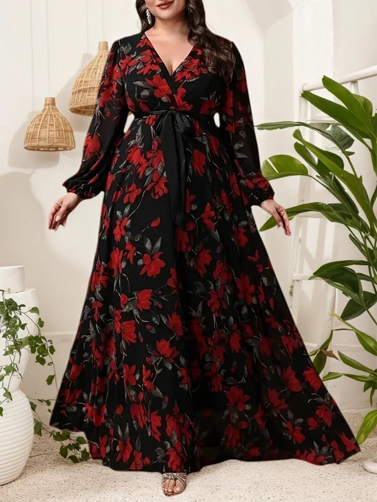 Red-Floral Wrap Maxi Dress