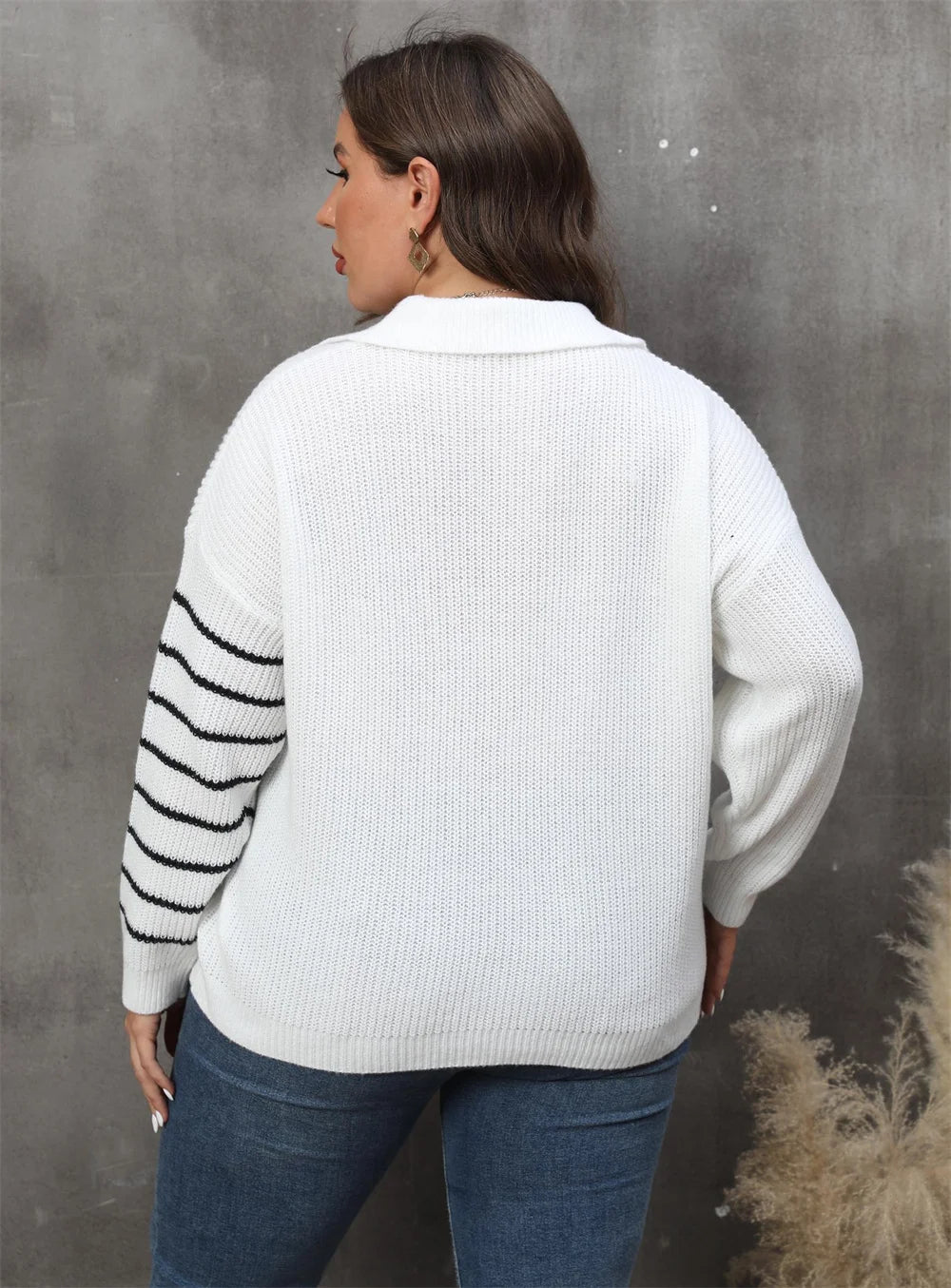 Asymmetric-Stripe Polo-Collar Sweater