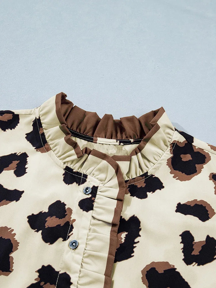 Leopard Ruffle-Trim Button-Down Shirt