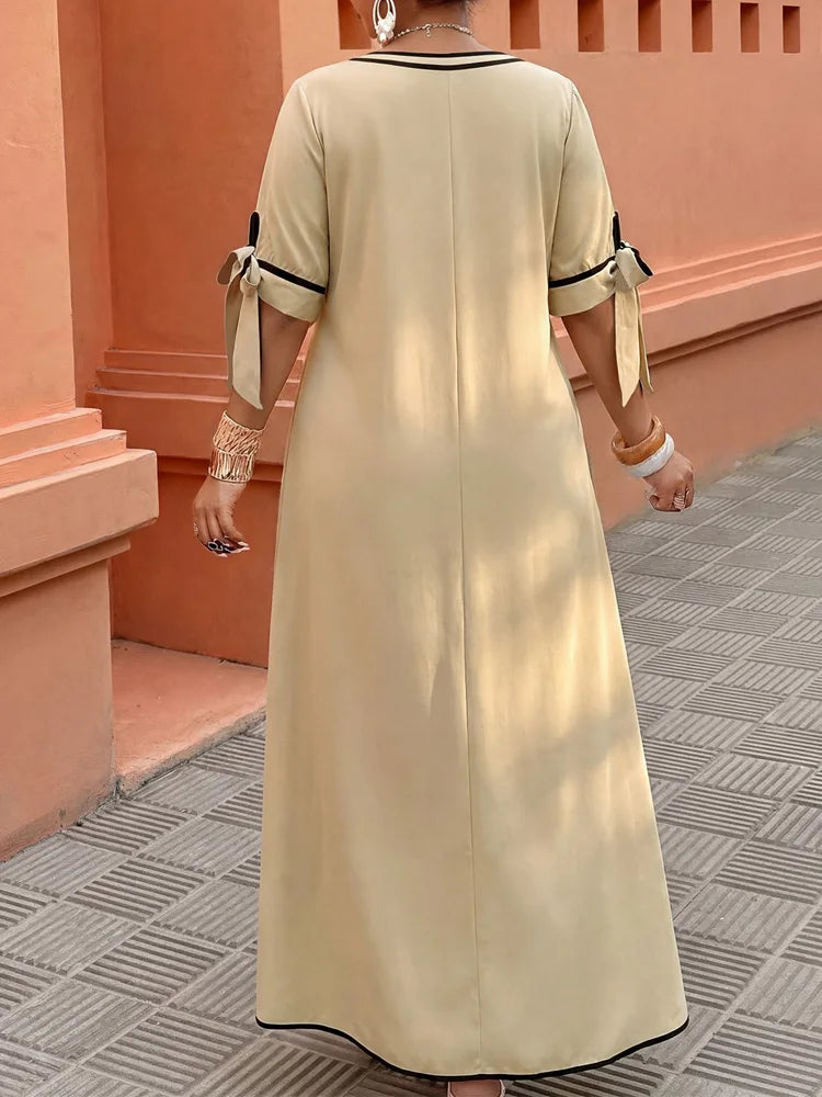 Contrast-Trim Tie-Sleeve Maxi Dress