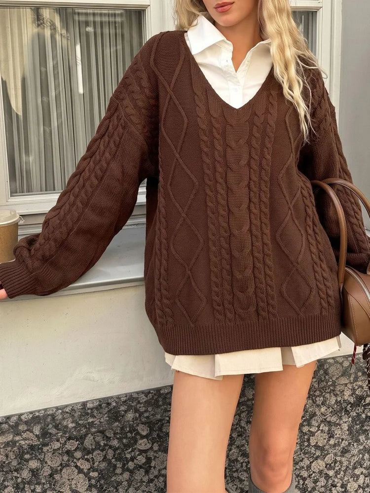 Cable-Knit V-Neck Layered Sweater