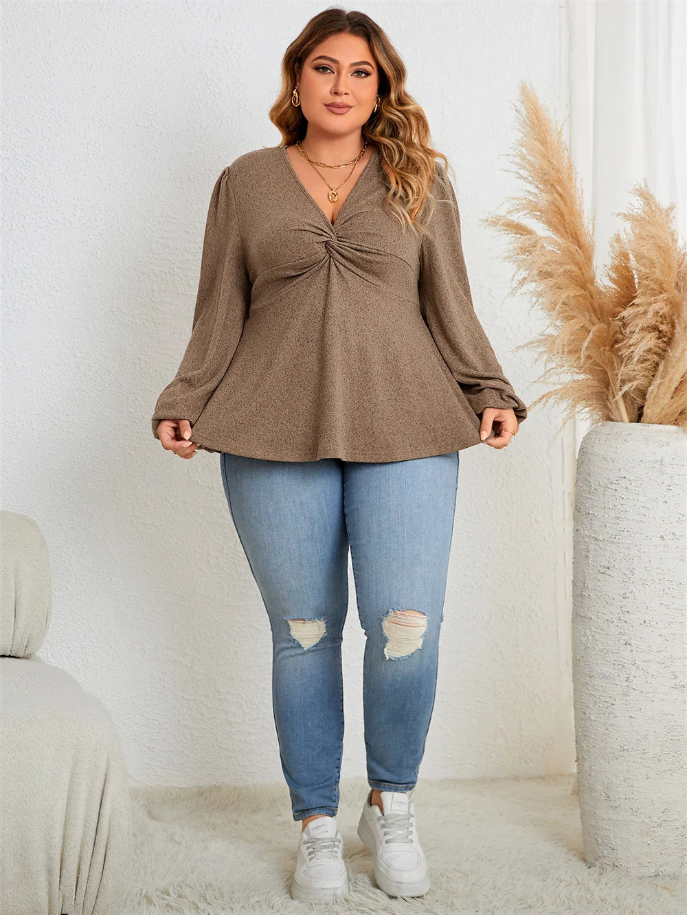 Twist-Front Bell-Sleeve Peplum Top