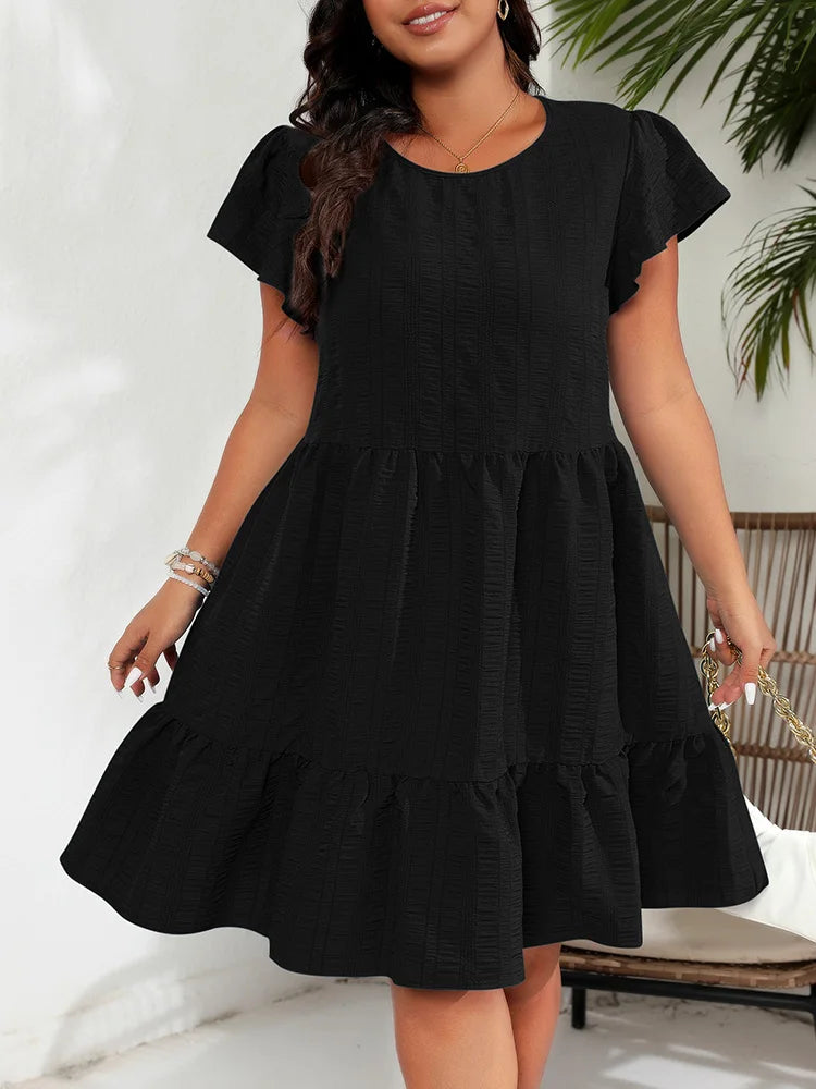 Textured Flutter-Sleeve Tiered Dress