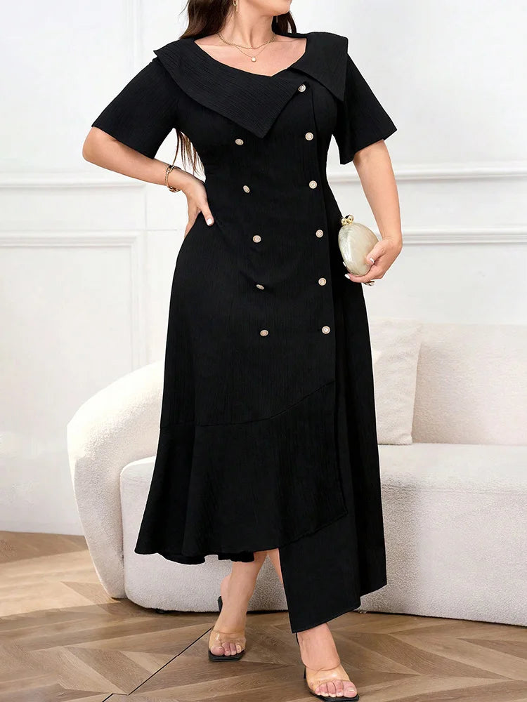 Asymmetric-Collar Double-Breasted Maxi Dress