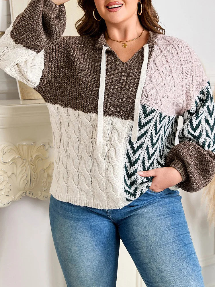 Mixed-Pattern Drawstring-Hood Sweater