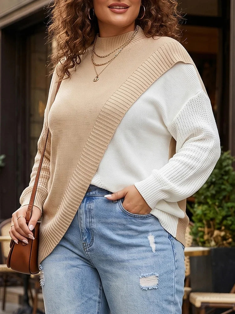 Colorblock Asymmetric Mock-Neck Sweater
