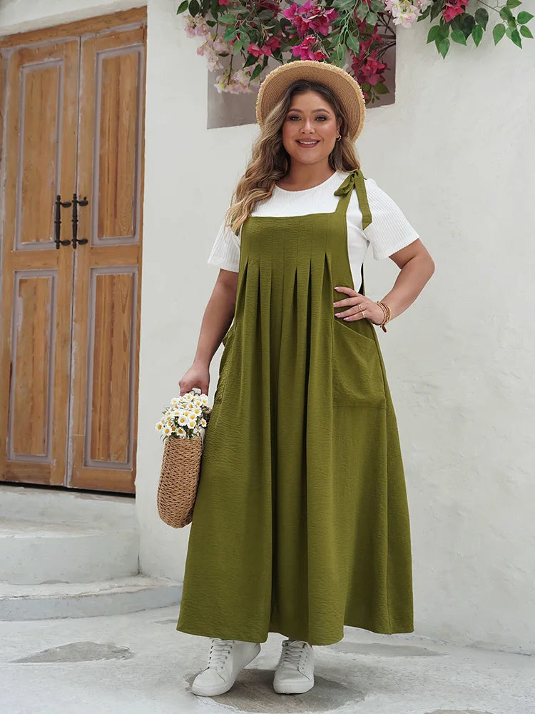 Tie-Shoulder Pocketed Pinafore Maxi Dress