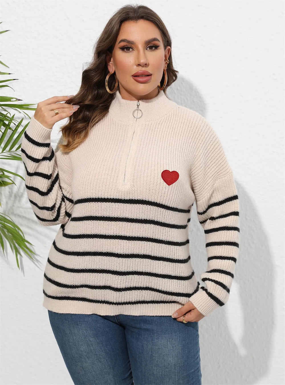Heart-Appliqué Half-Zip Striped Sweater