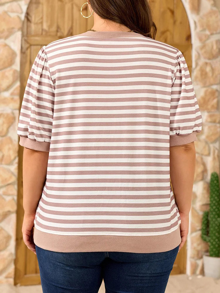 Striped Puff-Sleeve Crew-Neck Top