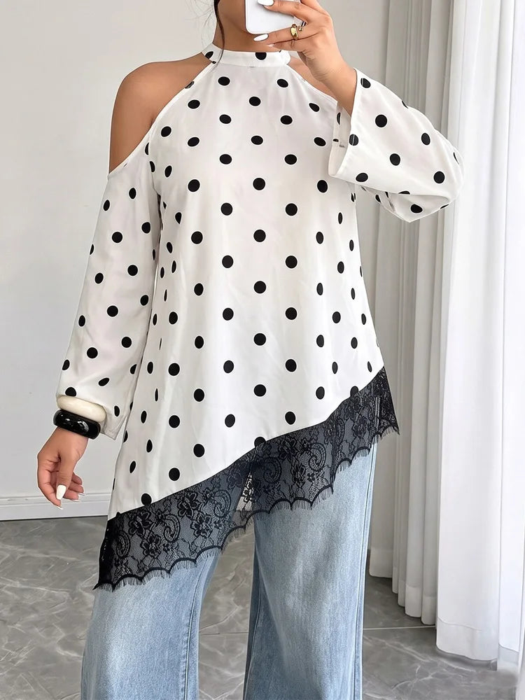 Polka-Dot Cold-Shoulder Lace Blouse