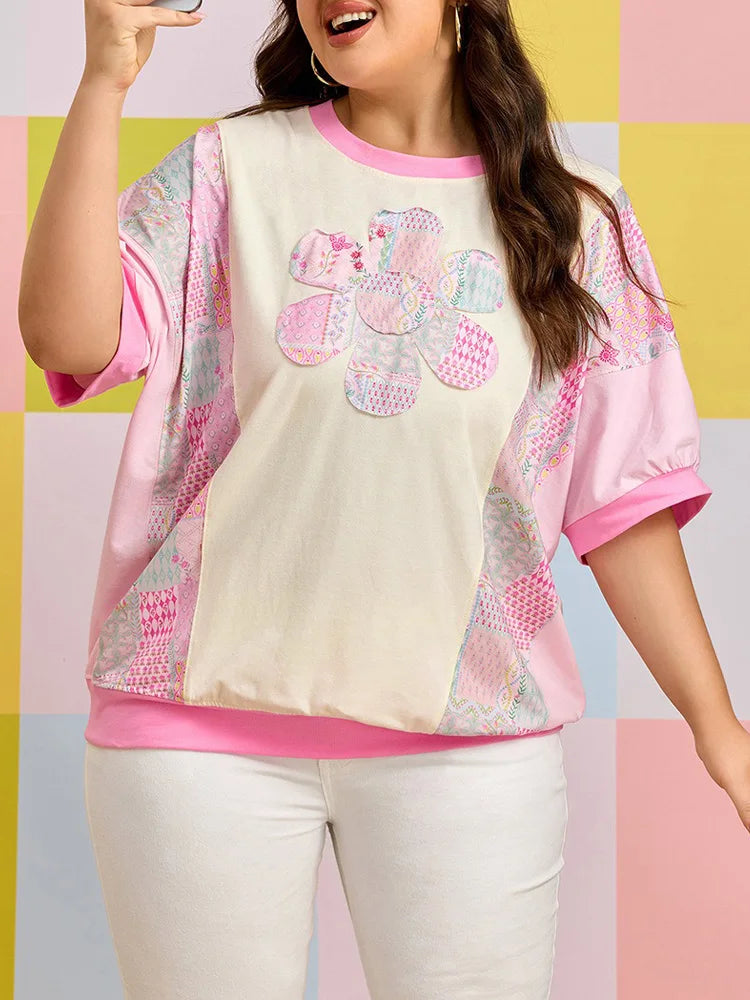 Patchwork Floral-Appliqué Puff-Sleeve Top