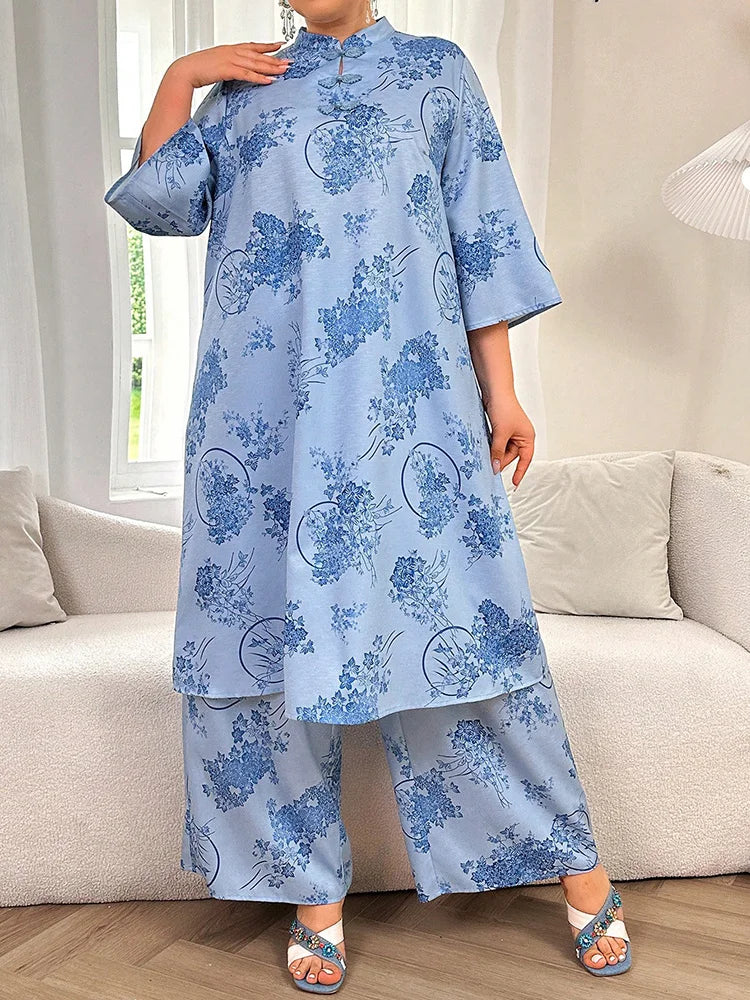 Floral Mandarin Tunic & Wide-Leg Pants Set