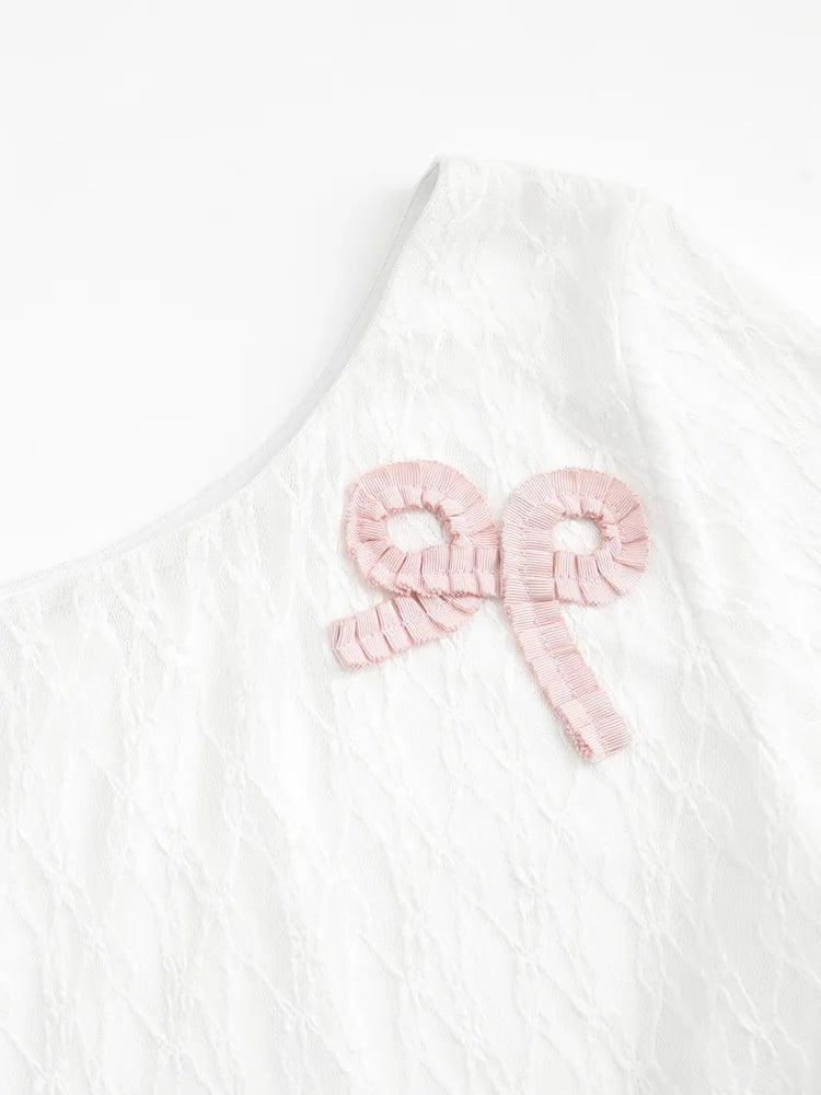Bow-Appliqué Asymmetric Lace Top