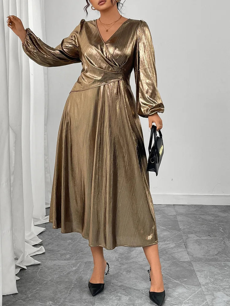 Metallic Wrap A-Line Midi Dress