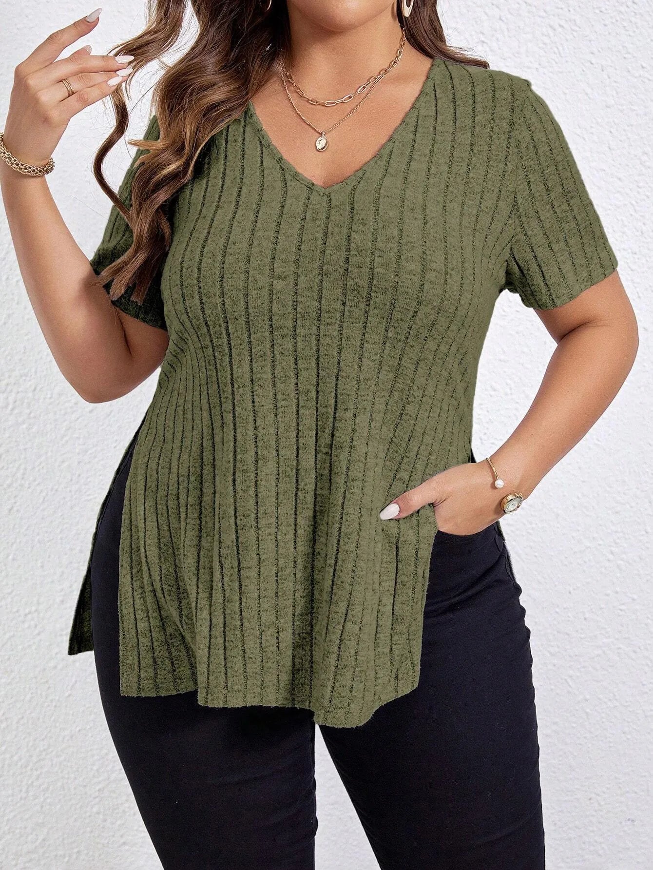 Ribbed V-Neck Side-Slit Tunic