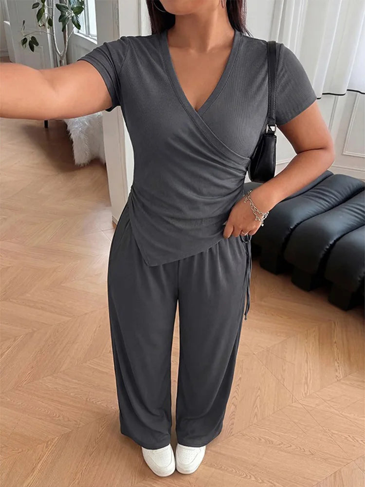Ruched Wrap Top & Wide-Leg Pants Set