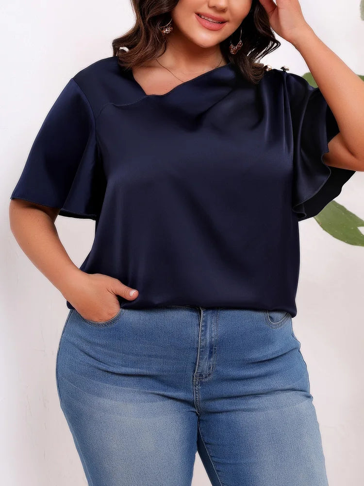 Draped-Neck Flutter-Sleeve Blouse
